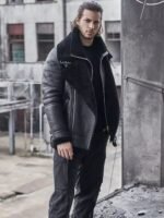 Rogers Double Collar Biker Aviator Black Leather Jacket