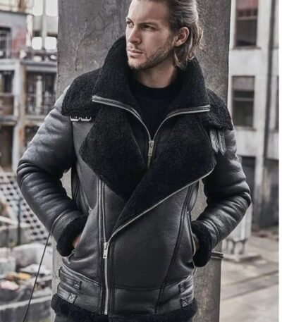 Rogers Double Collar Biker Aviator Black Leather Jacket