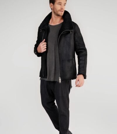 Ryan Black Asymmetrical Zipper Shearling Jacket