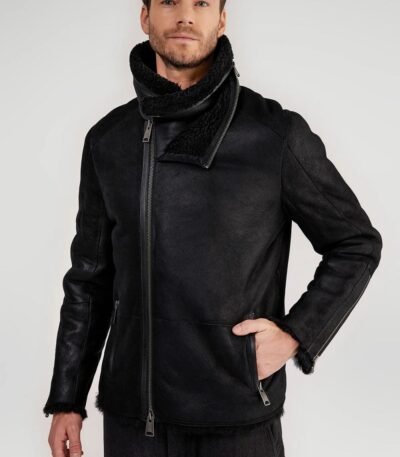 Ryan Black Asymmetrical Zipper Shearling Jacket