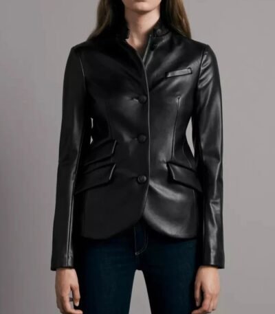SMya Braun lade Slim Black Leather Coat