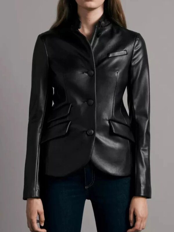 SMya Braun lade Slim Black Leather Coat