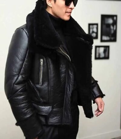 Scott Shearling Fur Black Biker Aviator Jacket