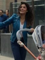 Sex_Life Sarah Shahi Blue Leather Jacket