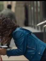 Sex_Life Sarah Shahi Blue Leather Jacket