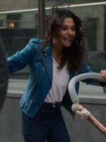 Sex_Life Sarah Shahi Blue Leather Jacket