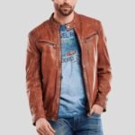 Snap Tab Collar Men’s Brown Motorcycle Jacket