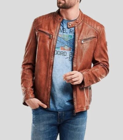 Snap Tab Collar Men’s Brown Motorcycle Jacket