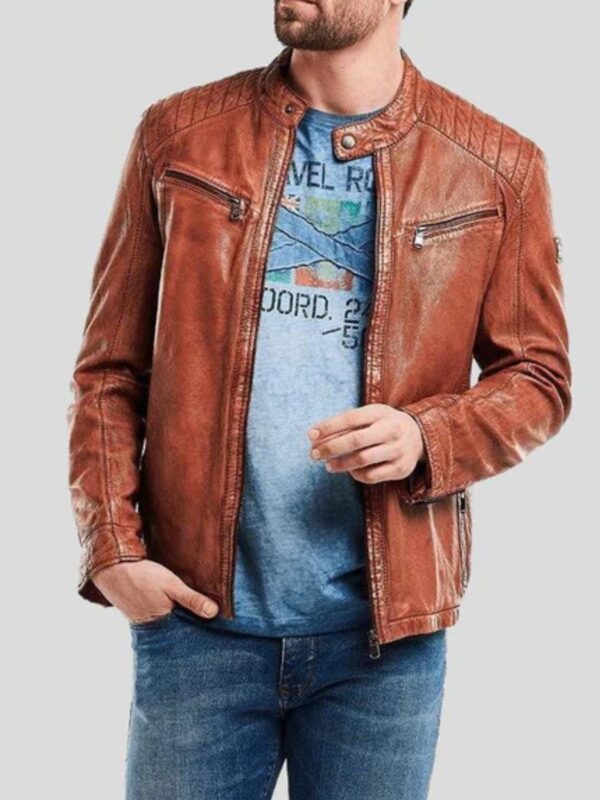 Snap Tab Collar Men’s Brown Motorcycle Jacket