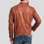 Snap Tab Collar Men’s Brown Motorcycle Jacket