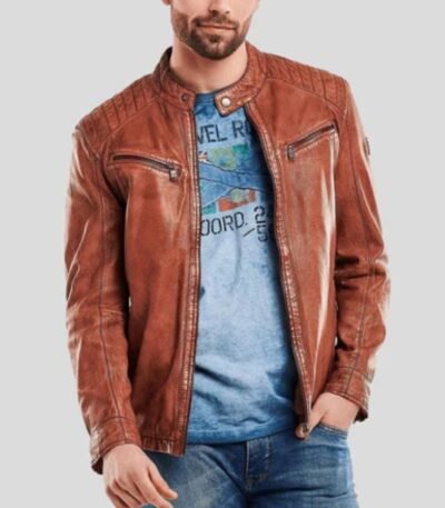 Snap Tab Collar Men’s Brown Motorcycle Jacket