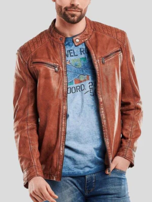 Snap Tab Collar Men’s Brown Motorcycle Jacket