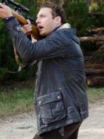 The Walking Dead Aaron Black Leather Hooded Field Jacket