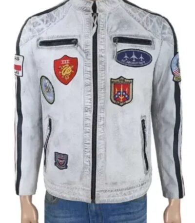 Top Gun Aircraft Dept Sea Bees Distressed White Leather Jacket