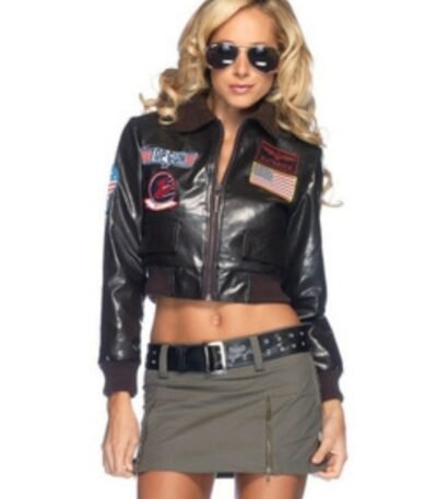 Top Gun Black Cropped Patches Bomber Sherpa Leather Jacket
