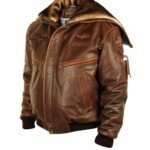 Top Gun Cap Aviator Brown Leather Jacket With Fur Hood