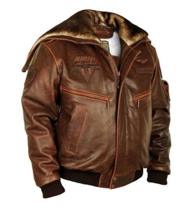 Top Gun Cap Aviator Brown Leather Jacket With Fur Hood