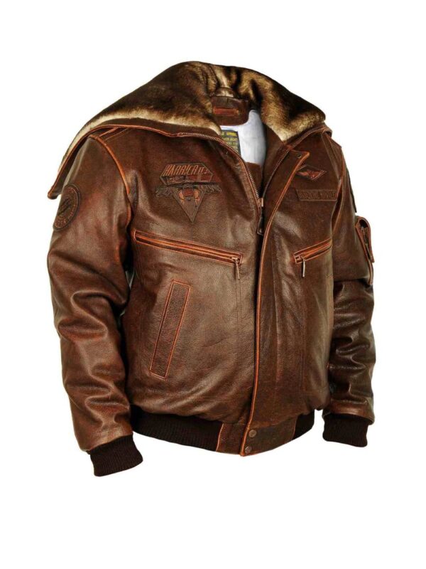 Top Gun Cap Aviator Brown Leather Jacket With Fur Hood