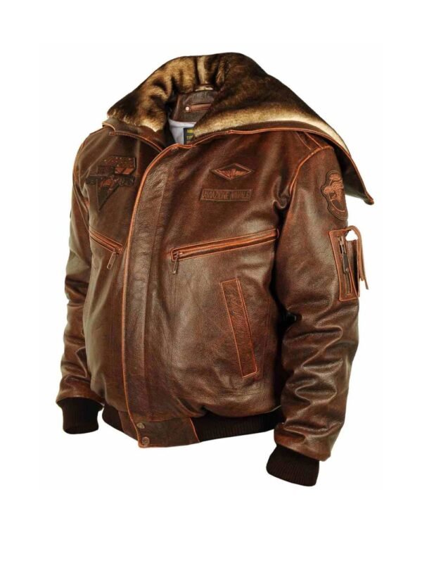 Top Gun Cap Aviator Brown Leather Jacket With Fur Hood