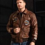 Top Gun Flying Tigers Brown Zip Up Leather Bomber Jacket