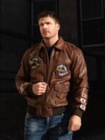 Top Gun Flying Tigers Brown Zip Up Leather Bomber Jacket