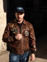 Top Gun Flying Tigers Brown Zip Up Leather Bomber Jacket