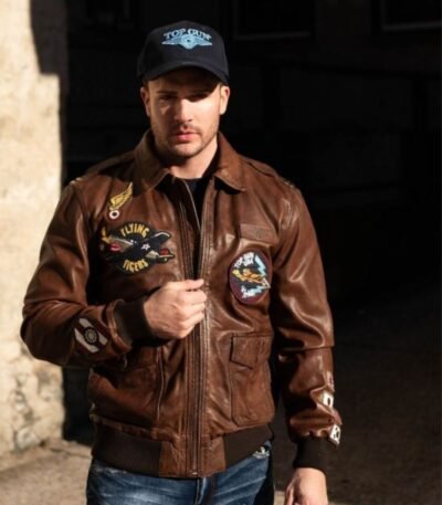Top Gun Flying Tigers Brown Zip Up Leather Bomber Jacket