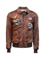Top Gun Flying Tigers Brown Zip Up Leather Bomber Jacket