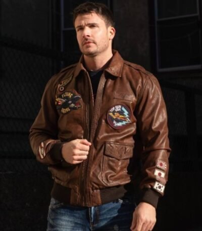 Top Gun Flying Tigers Brown Zip Up Leather Bomber Jacket