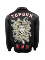 Top Gun Medusa Classic Zip Up Black Leather Bomber Jacket