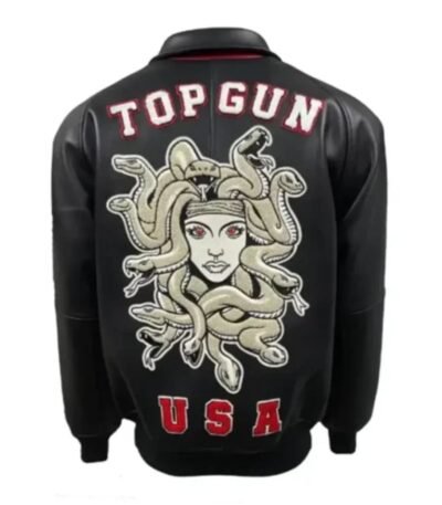Top Gun Medusa Classic Zip Up Black Leather Bomber Jacket