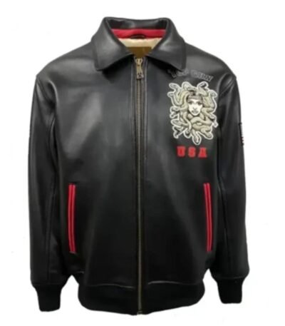 Top Gun Medusa Classic Zip Up Black Leather Bomber Jacket