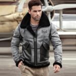 Troy Black Grey Leather SF Bomber Jacket