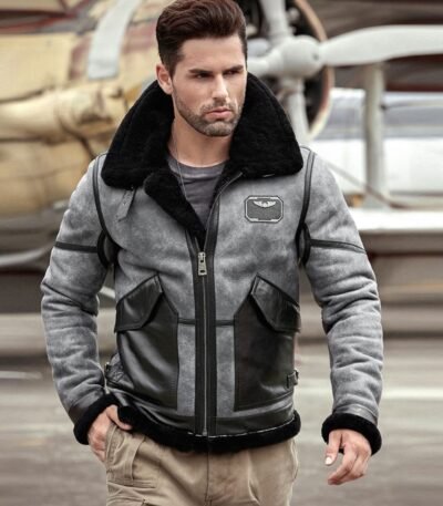Troy Black Grey Leather SF Bomber Jacket