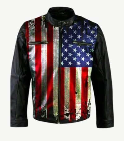 USA Flag Vintage Biker Black Leather Jacket