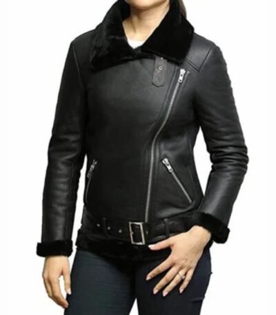 Victoria Black Aviator Shearling Sheepskin Jacket