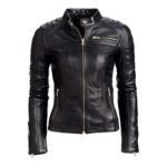 Women Biker Cafe Racer Moto Black Leather Jacket
