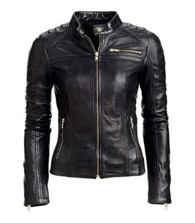 Women Biker Cafe Racer Moto Black Leather Jacket