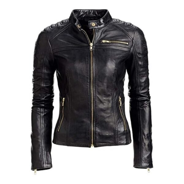 Women Biker Cafe Racer Moto Black Leather Jacket