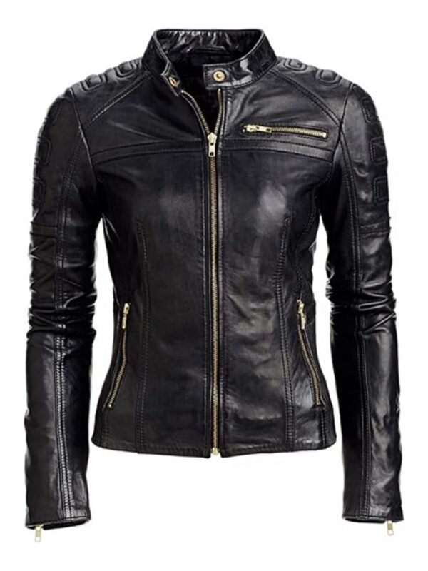Women Biker Cafe Racer Moto Black Leather Jacket