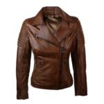 Women Real Leather Waxed Brown Slim Fit Biker Jacket