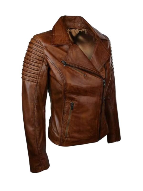 Women Real Leather Waxed Brown Slim Fit Biker Jacket
