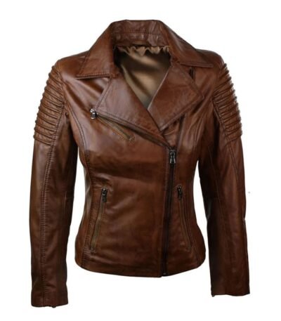 Women Real Leather Waxed Brown Slim Fit Biker Jacket