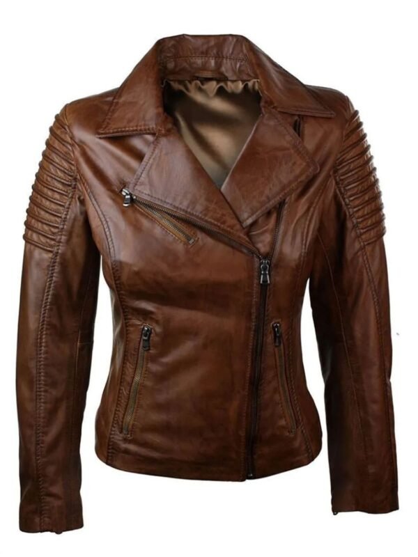 Women Real Leather Waxed Brown Slim Fit Biker Jacket
