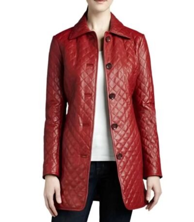 Women Slimfit Quilted Red PU Leather Coat