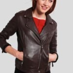 Women’s Biker Brown Slim Fit Motorcycle Jacket