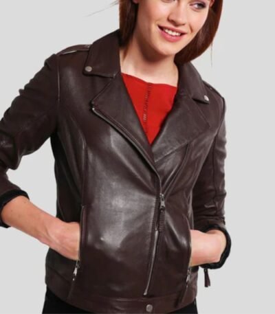 Women’s Biker Brown Slim Fit Motorcycle Jacket