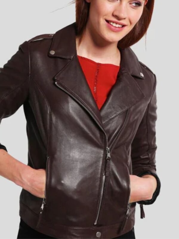 Women’s Biker Brown Slim Fit Motorcycle Jacket