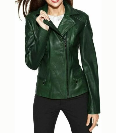 Womens Biker Green Lambskin Leather Jacket