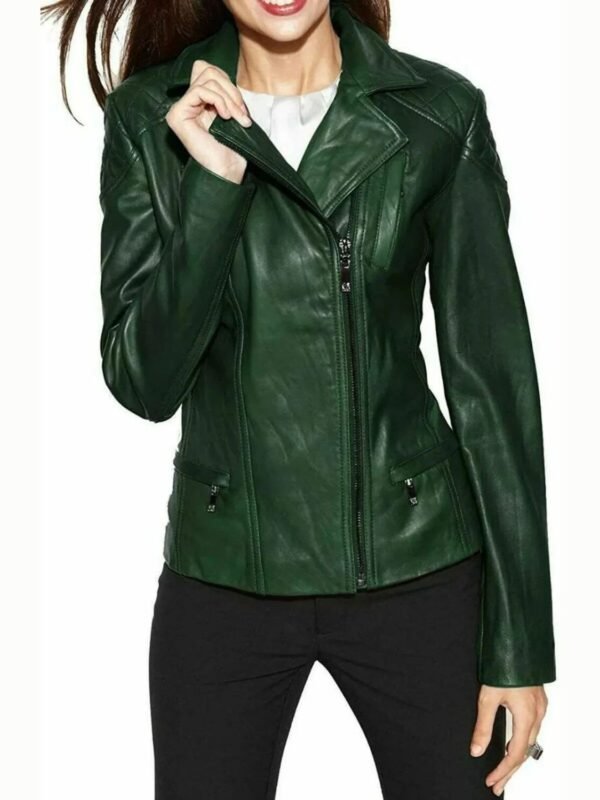 Womens Biker Green Lambskin Leather Jacket